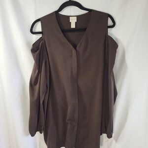 Chicos Cold Shoulder Blouse Brown V-Neck Covered Placket Size 2 Large 12/14